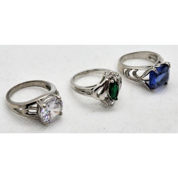 RINGS-DIAMOND CANDLE RINGS-Different Colors-Silver Tone-Lot of 3 All Size 7 - Picture 2 of 16